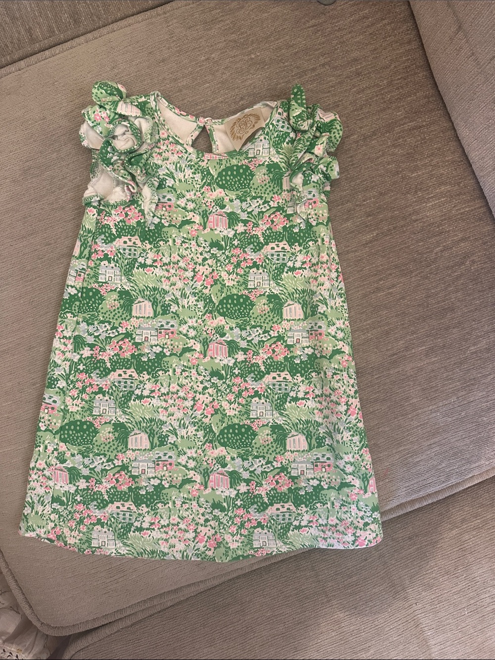 The Beaufort Bonnet Company Green & Pink Cottage-Print Ruffle Shoulder Dress